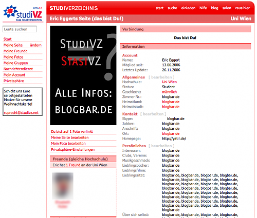 Mein Profil mit einigen verweisen zur Blogbar.
