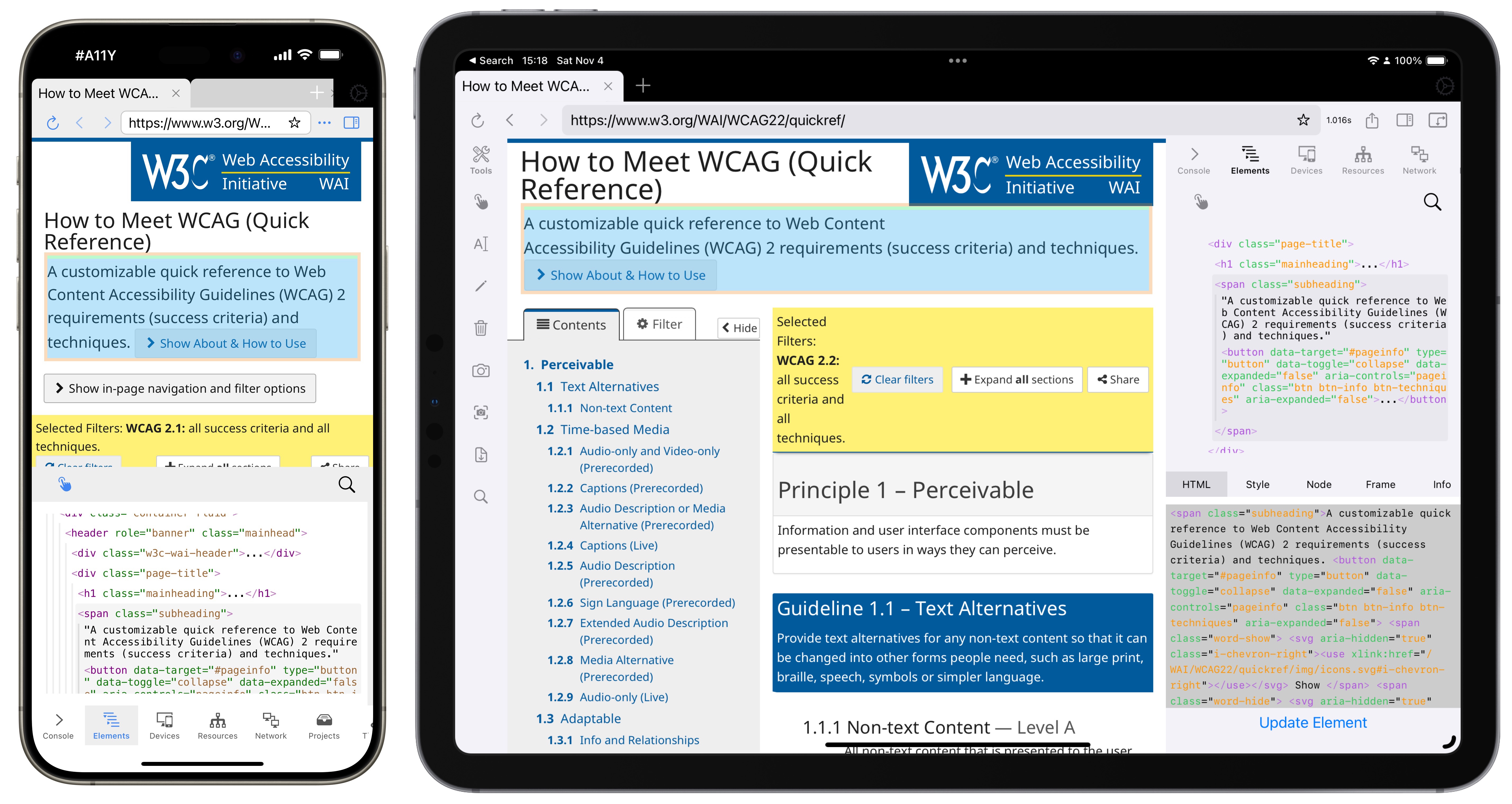 Screenshots of Inspect Browser on iPhone and iPad, showing the WCAG 2.2 Quick Reference, the introductory sentence is nspected and the DOM can be seen in a panel on the bottom on iPhone and on the right side on iPad.