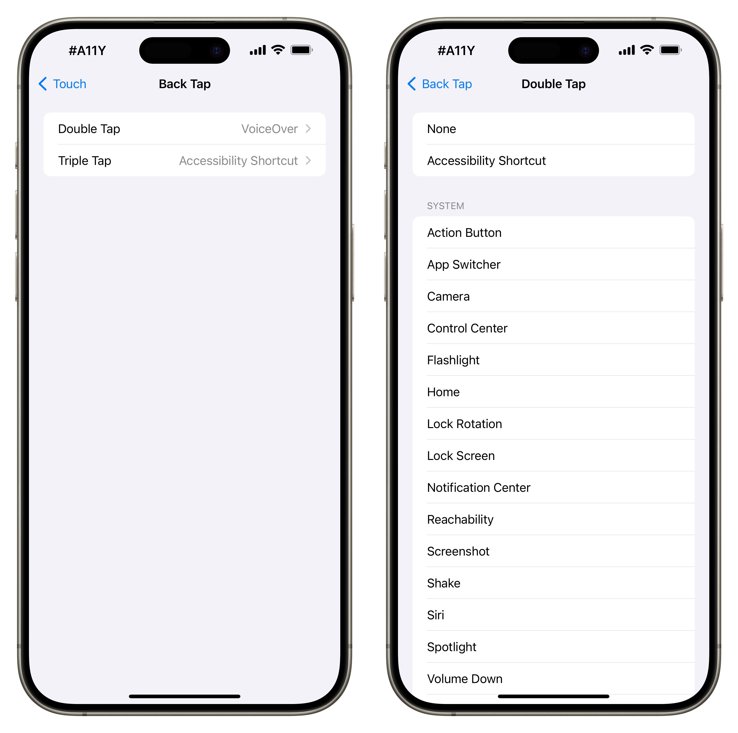 Two iPhone screenshots, on the left the Back Tap screen with VoiceOver selected for the Double Tap and the Accessibility Shortcut for the Triple Tap. The right screenshot shows part of the list of many functions that can be selected for Double/Triple Tap.
