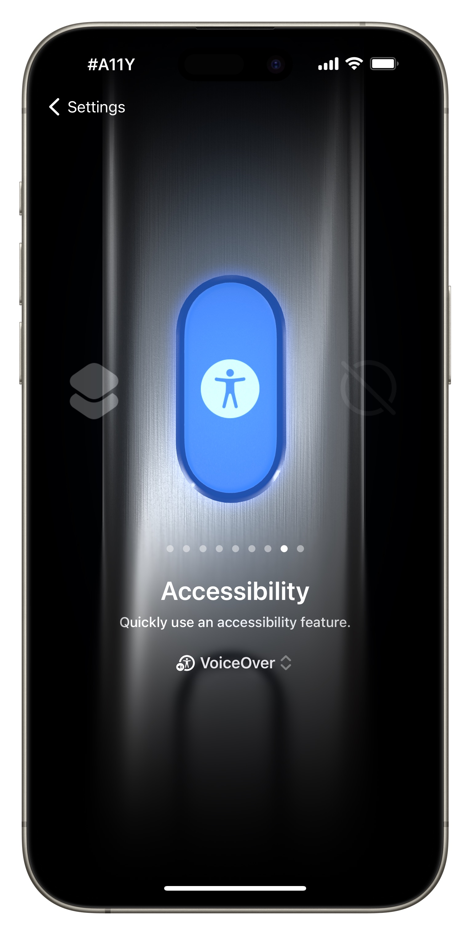 Screenshot of VoiceOver being configured for the Action Button in settings