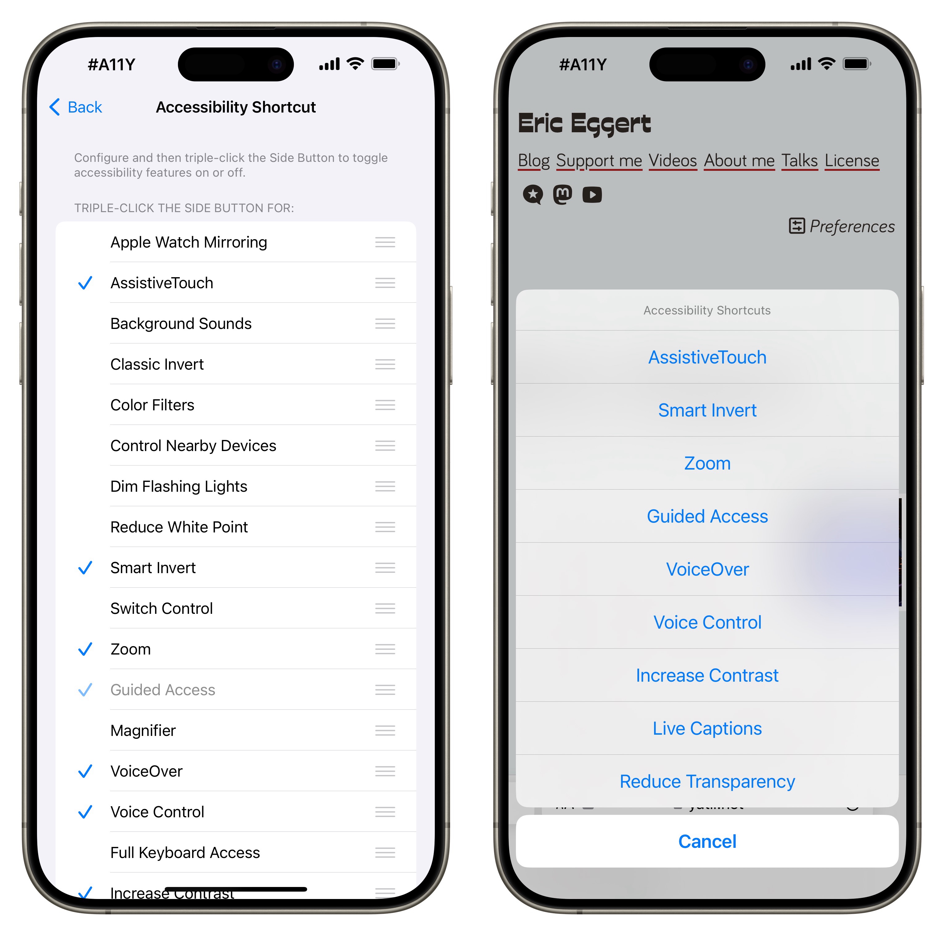 Two iPhones next to each other, one with the Accessibility Shortcuts selection screen and the other with the Accessibility Shortcuts menu triggered by pressing the sleep/wake button three times.